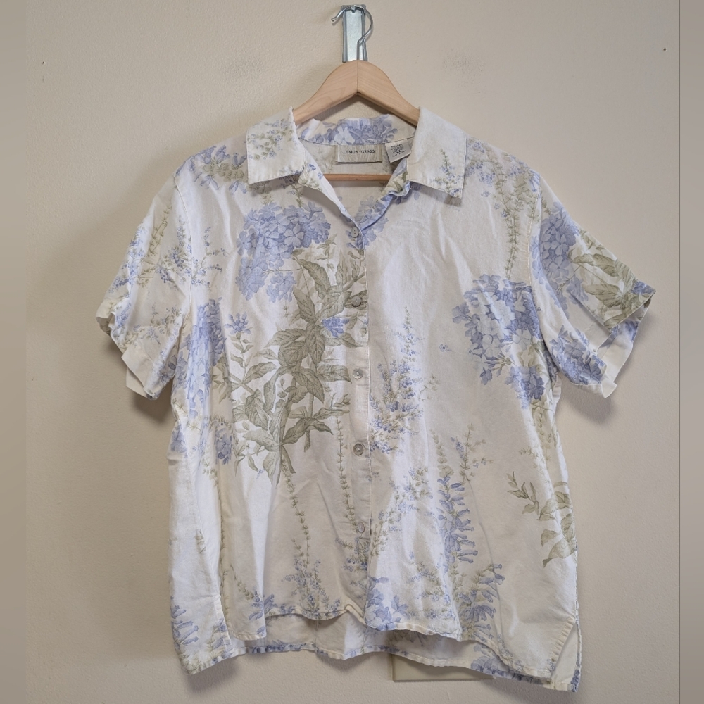 Lemon Grass Linen Blend Floral Button Up Shirt XL Cottagecore Botanical
